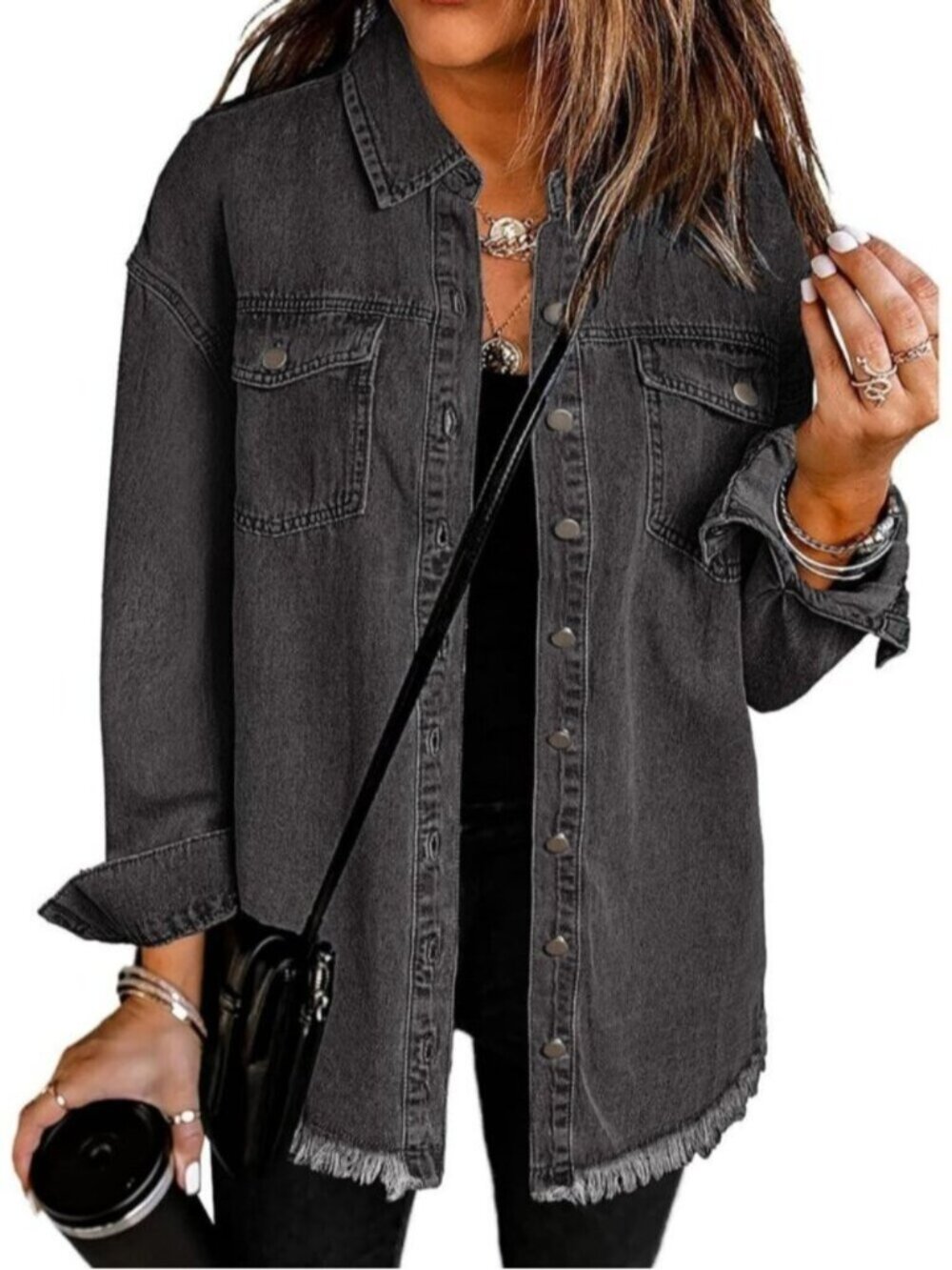 Women's Smokey Grey Oversized Button Up Drop Shoulder Frayed Raw Hem Denim Jean